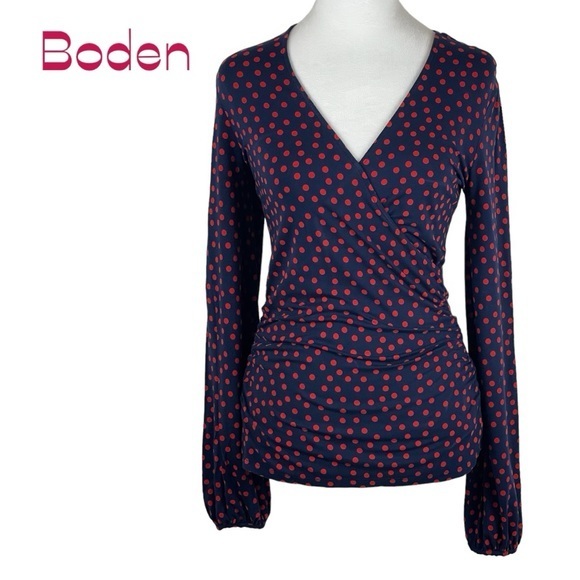 Boden Navy And Red Polka Dot Faux Wrap Ruched Top NWOT - Picture 1 of 11